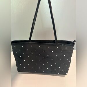 Spiffy Kate Spade Black Logo Dot Fabric Handbag with Outer, Inner Compartments